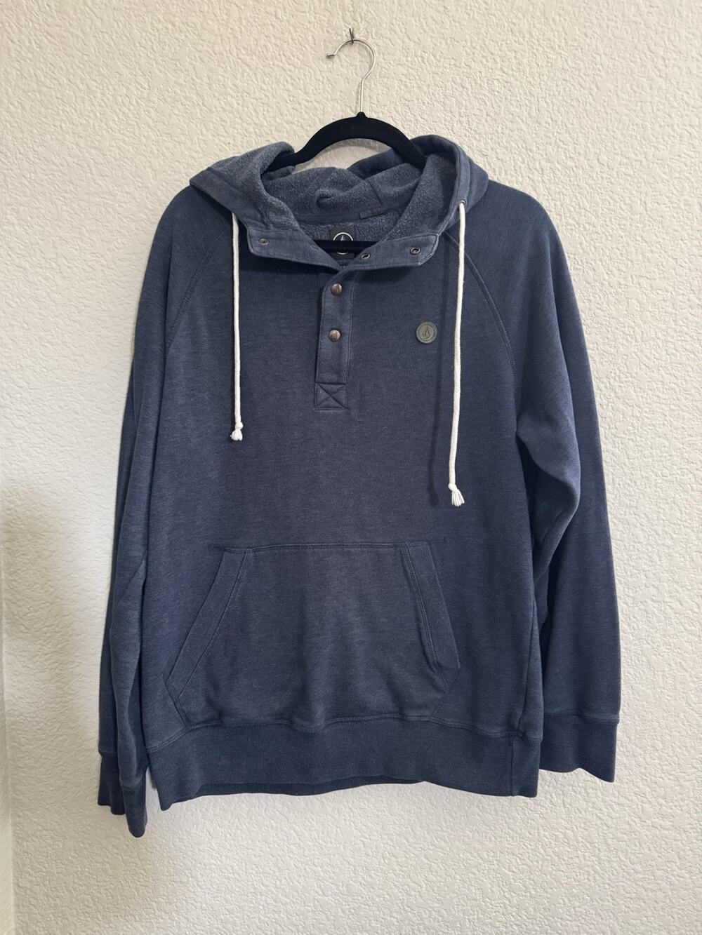 Volcom Foreman Pullover Hoodie Mens Large Blue Logo Skate Streetwear Snaps #7159